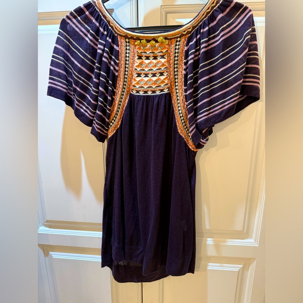 Unique Striped Burgendy Embroidered Women's Top S